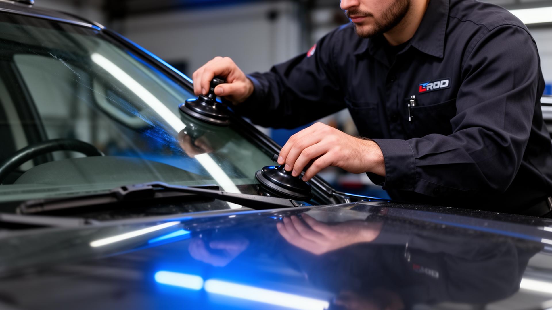 Auto glass technician installing a windshield in Conroe, TX